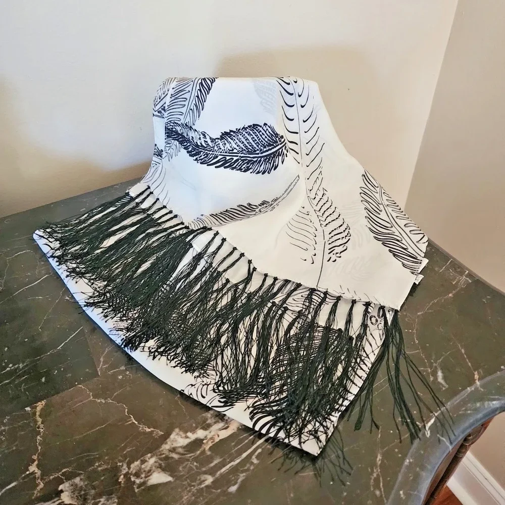 Allison W Black and White Feather Print Silk Oblong scarf  48